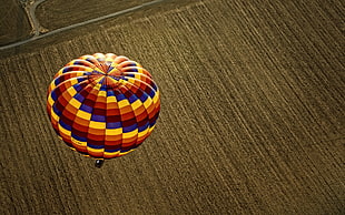 blue, yellow, and orange hot air balloon, nature, landscape, hot air balloons, field HD wallpaper