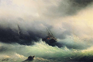 large wave with boat painting, painting, Ivan Aivazovsky, sea, sailing ship