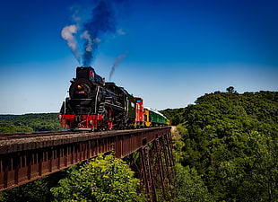 black,red, and green train on brown steel tracks HD wallpaper