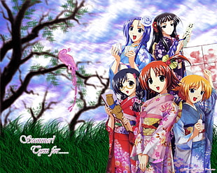 five anime girls in kimono illustration