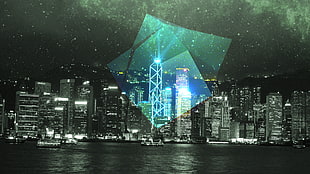 aerial photo of cityscape digital wallpaper, Hong Kong, polyscape, monochrome