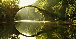 brown concrete footbridge, landscape, river, reflection, photography HD wallpaper