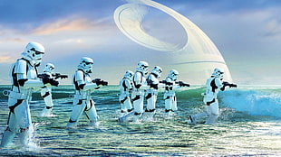 star wars trooper walking on body of water