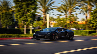 black sports car, Lamborghini, car, Lamborghini Aventador HD wallpaper
