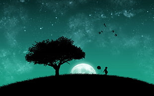 silhouette of child holding balloon in front of tree panting, nature