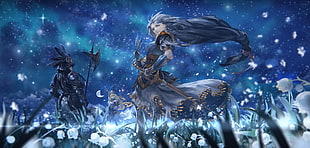 anime wallpaper, sword, armor, stars, flowers