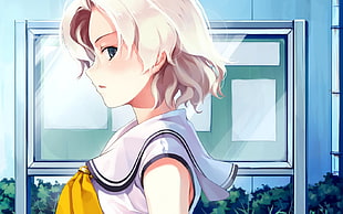 white hair female anime character with white school uniform
