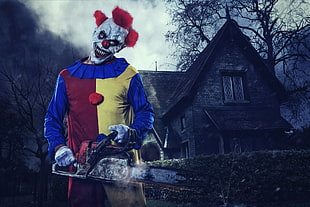 red and gray chainsaw, clowns, chainsaws, house HD wallpaper