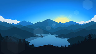 lake between mountains during sunrise illustration HD wallpaper