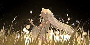 white haired female animated character illustration, Emilia (Re: Zero), Re:Zero Kara Hajimeru Isekai Seikatsu, grass, white hair
