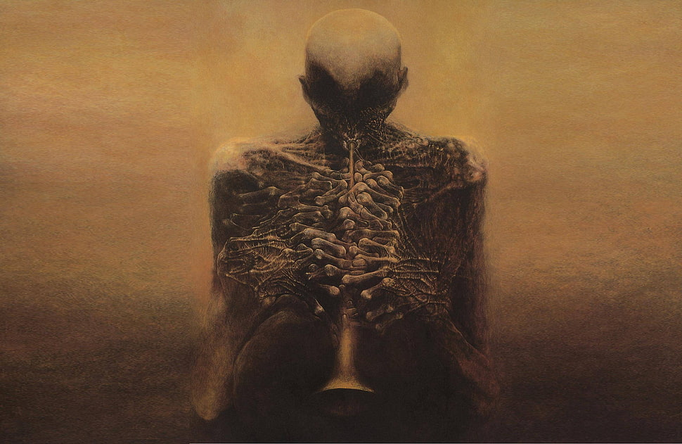 alien playing trumpet digital wallpaper, Zdzisław Beksiński, dark, painting, detailed HD wallpaper