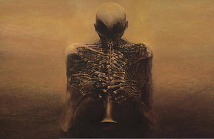 alien playing trumpet digital wallpaper, Zdzisław Beksiński, dark, painting, detailed