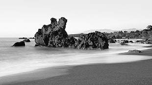 grayscale photo of rock formation, nature, sea, monochrome, beach