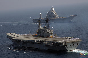 two gray cargo ships, military, ship, INS Vikramaditya, INS Viraat (R22)