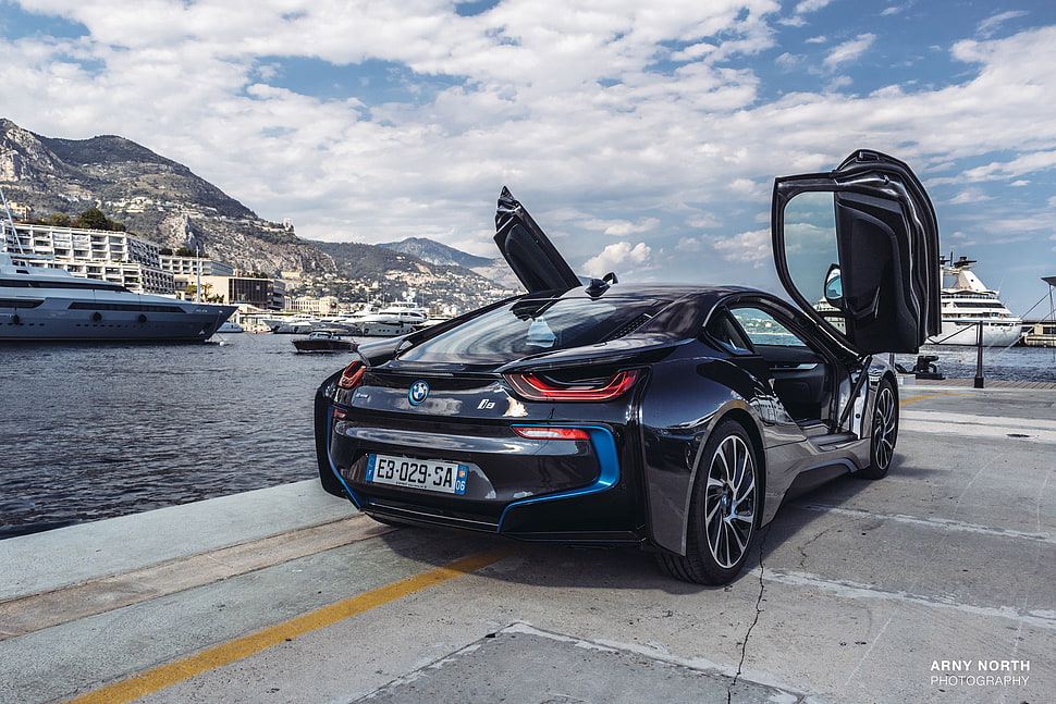 black BMW i8 coupe, BMW i8, black cars, sports car, Monaco HD wallpaper