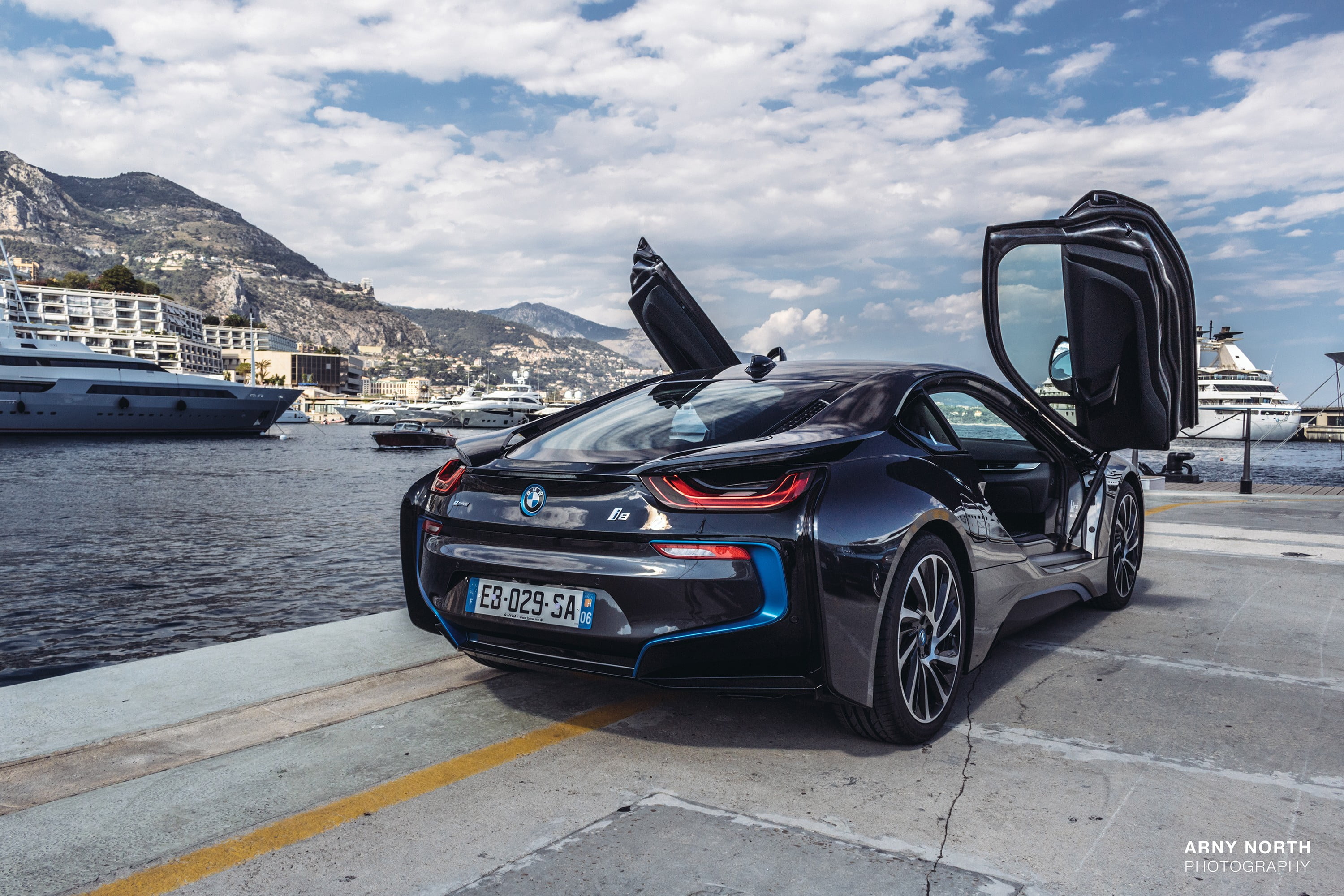 black BMW i8 coupe, BMW i8, black cars, sports car, Monaco