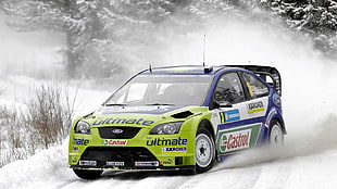 blue and green Ford Focus rally version, Ford, car, snow, rally cars