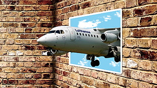 white and blue plastic tool, digital art, aircraft, Lufthansa, wall HD wallpaper