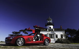 red Mercedes-SLS AMG coupe, Mercedes SLS, red cars, vehicle, car