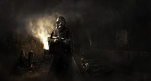man holding rifle wearing gas mask digital art wallpaper, apocalyptic, Metro 2033, Metro: Last Light, video games