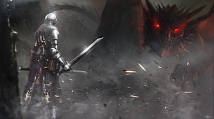 man holding sword and monster digital wallpaper, artwork, knight, dragon, armor