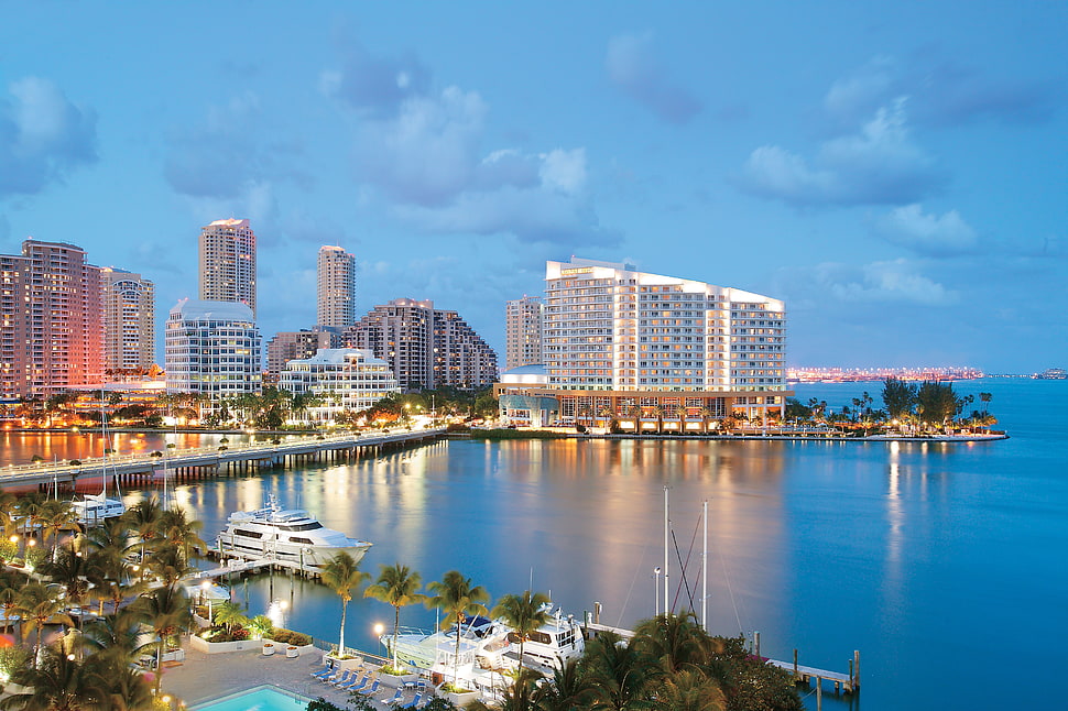 white and brown concrete building, cityscape, skyscraper, boat, Miami HD wallpaper