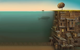 brown wooden house illustration, digital art, boat, water, trees
