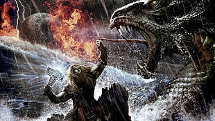 Thor and dragon poster, Amon Amarth, melodic death metal, battle, warrior