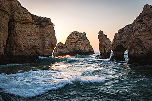 rock formation, Portugal, lagos, water, sunrise
