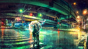 couple under umbrella on road painting, colorful, overpass, umbrella, rain