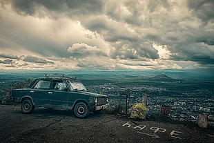 black sedan, LADA, car, HDR, clouds