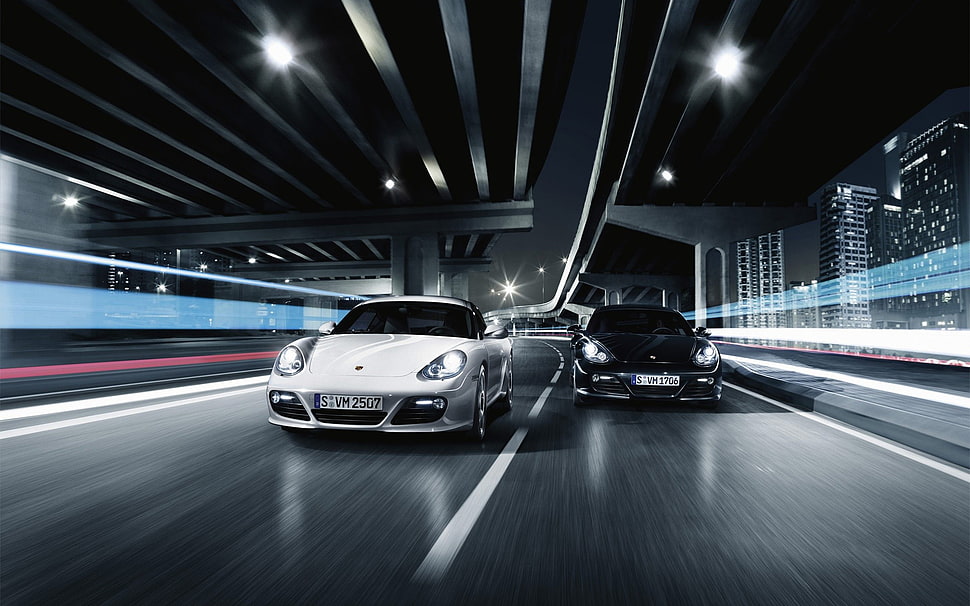 two black and white vehicles, car, Porsche, white cars, black cars HD wallpaper