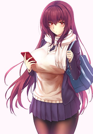 female anime character with long red hair, Fate Series, Fate/Grand Order, red eyes, Scathach ( Fate/Grand Order )