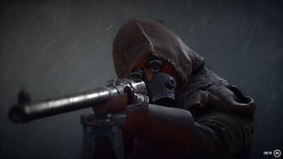 person wearing mask and gray hooded suit holding black and gray rifle digital wallpaper, Battlefield 1, soldier, gas masks, Mauser 1918
