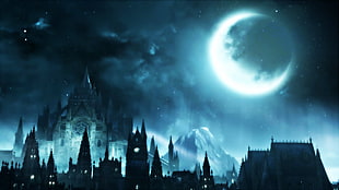 castle and moon, Dark Souls III, video games, Moon, dark