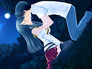 blue haired anime woman and man kissing under full moon