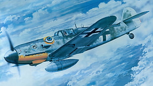 gray and yellow war plane illustration, World War II, Messerschmitt, Messerschmitt Bf-109, Luftwaffe