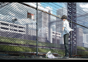 man standing in front on chain link fence praying screenshot, building, digital art, city, flowers