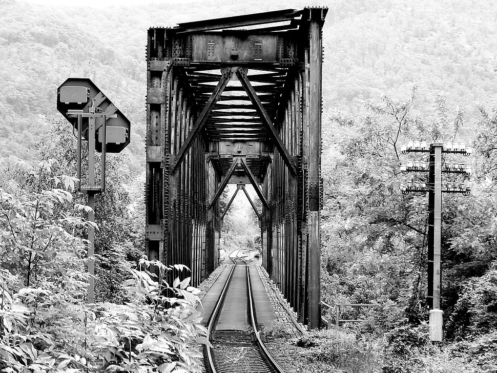 grayscale photo of train rails in wooden bridge HD wallpaper