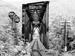 grayscale photo of train rails in wooden bridge