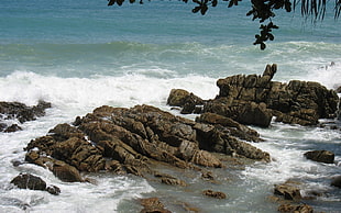 sea rocks on seashore splattered by ocean wave