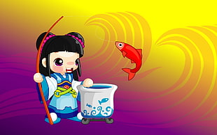 black hair anime character girl in blue kimono dress holding white pot and red stick digital wallpaper