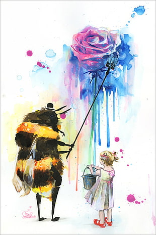 bee character beside child painting, lora zombie, classic art, zombies, colorful