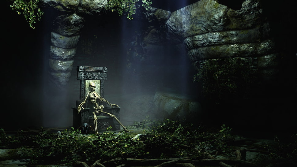 animated skeleton on throne, nature, landscape, digital art, render HD wallpaper