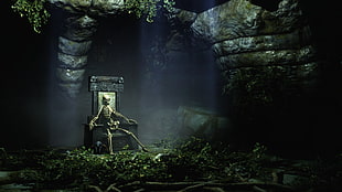 animated skeleton on throne, nature, landscape, digital art, render