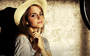 women's grey scoop-neck cap-sleeved shirt and cowboy hat, Emma Watson, hat, actress, celebrity HD wallpaper