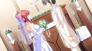 Groom and Bride standing near altar Anime character digital wallpaper