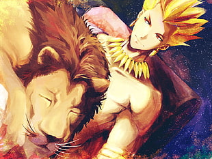 painting of man and lion, Fate Series, Fate/Stay Night, Gilgamesh, lion