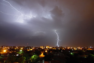 lightning storm, cityscape, lightning, storm, sky HD wallpaper