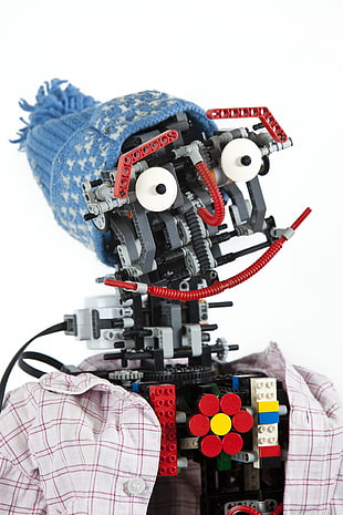 black and blue LEGO robot toy, LEGO, robot, hat, technology